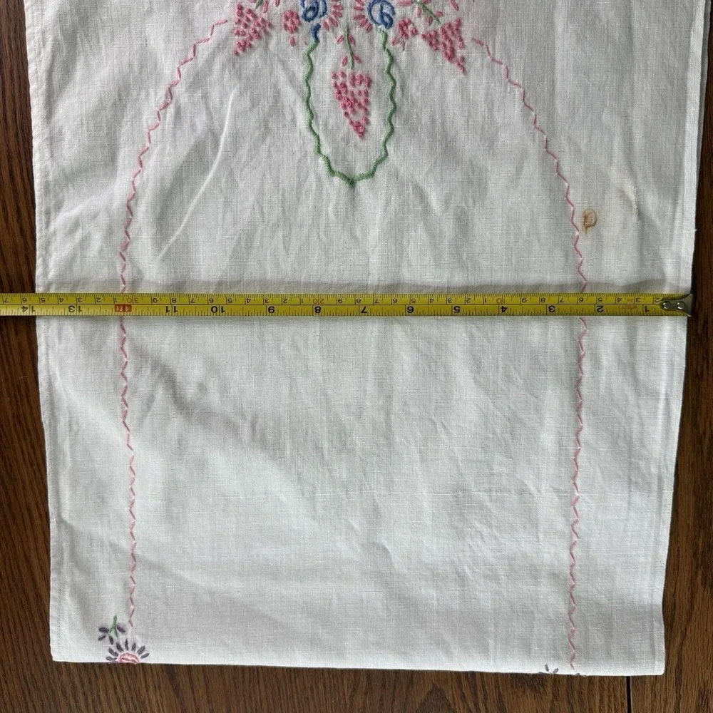 Vtg Embroidered Crochet Dresser Scarf Table Runner Flower Basket Thin Fabric EUC